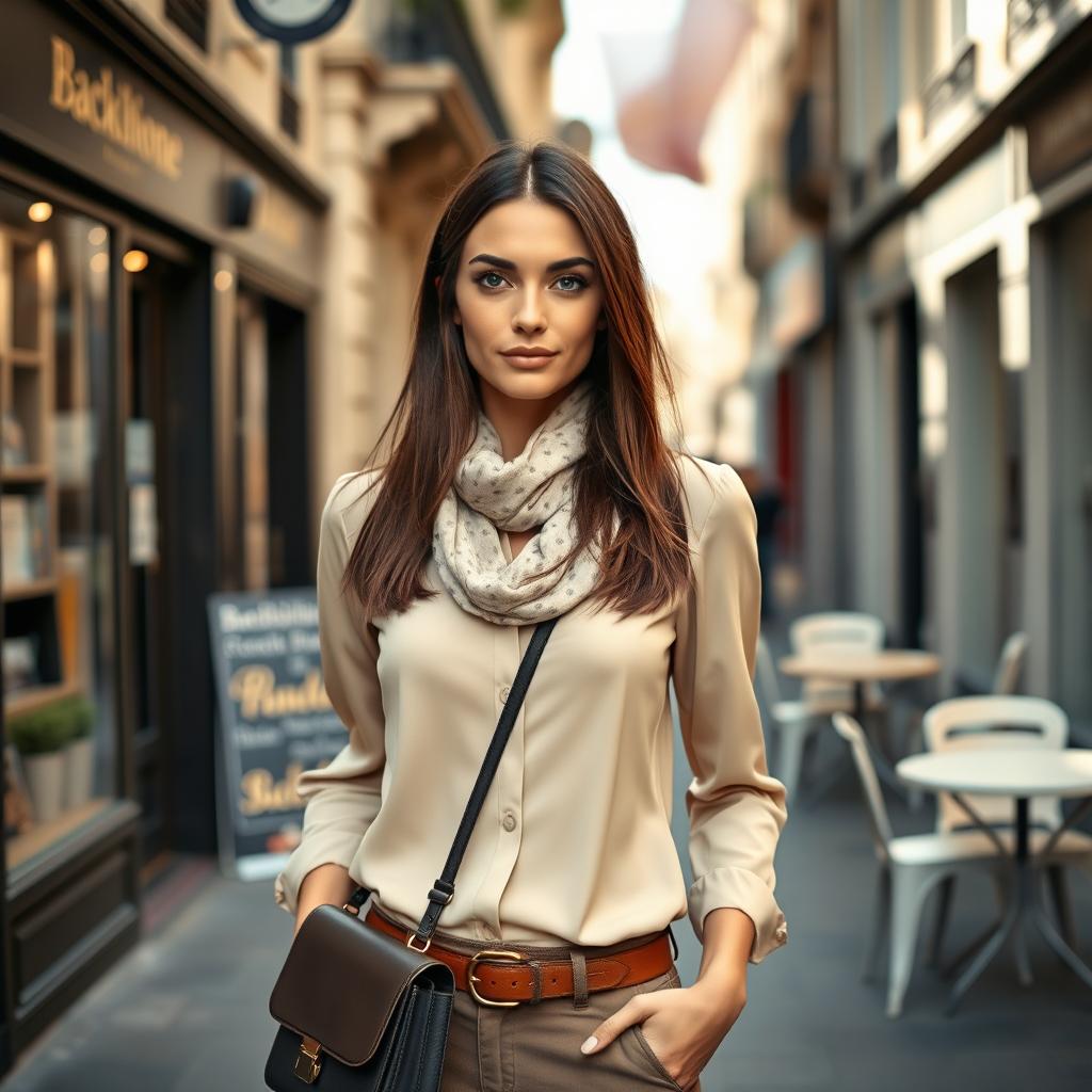 A fashionable French woman aged 30 to 40, exuding elegance and charm