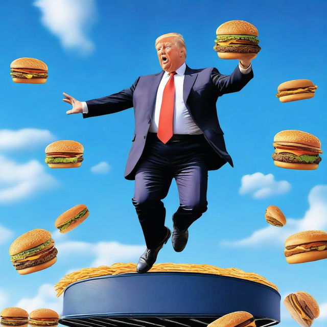 A photo-realistic digital rendering of Donald Trump jumping on a trampoline while eating a Big Mac