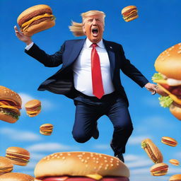 A photo-realistic digital rendering of Donald Trump jumping on a trampoline while eating a Big Mac