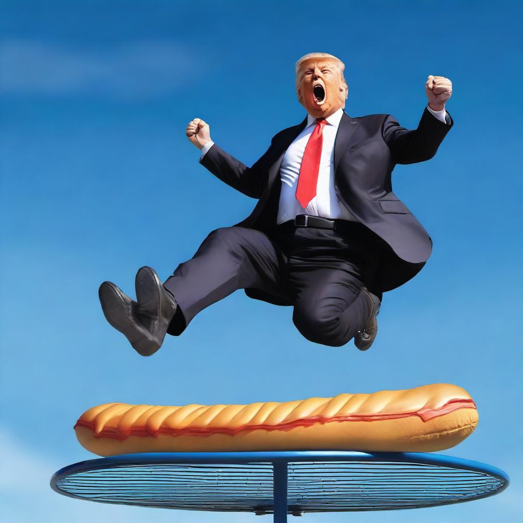 A photo-realistic digital rendering of Donald Trump jumping on a trampoline while eating a hotdog