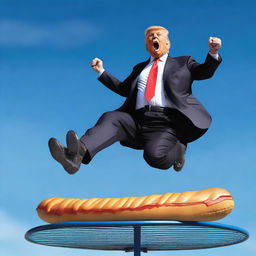 A photo-realistic digital rendering of Donald Trump jumping on a trampoline while eating a hotdog