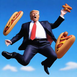 A photo-realistic digital rendering of Donald Trump jumping on a trampoline while eating a hotdog