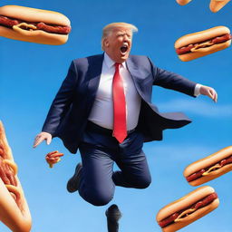 A photo-realistic digital rendering of Donald Trump jumping on a trampoline while eating a hotdog