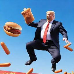 A photo-realistic digital rendering of Donald Trump jumping on a trampoline while eating a hotdog