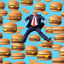A photo-realistic digital rendering of a repeating pattern of Donald Trump jumping on a trampoline while eating a Big Mac