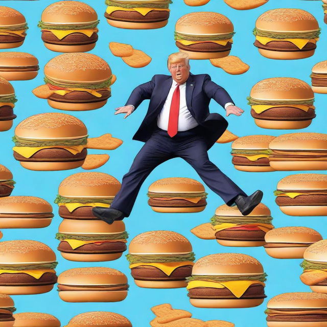 A photo-realistic digital rendering of a repeating pattern of Donald Trump jumping on a trampoline while eating a Big Mac