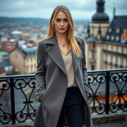 A beautiful German woman aged between 30 and 40 years, dressed elegantly in stylish attire
