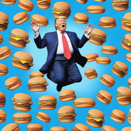 A photo-realistic digital rendering of a repeating pattern of Donald Trump jumping on a trampoline while eating a Big Mac