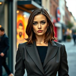 A striking German woman aged between 30 and 45 years, elegantly dressed in a fashionable outfit