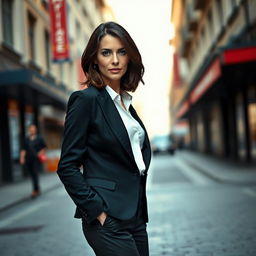 A striking German woman aged between 30 and 45 years, elegantly dressed in a fashionable outfit