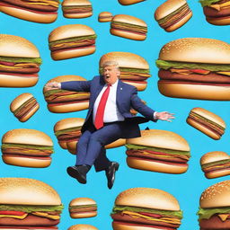 A photo-realistic digital rendering of a repeating pattern of Donald Trump jumping on a trampoline while eating a Big Mac