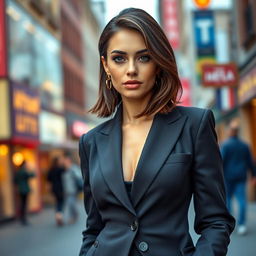 A striking German woman aged between 30 and 45 years, elegantly dressed in a fashionable outfit
