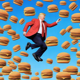 A photo-realistic digital rendering of a repeating pattern of Donald Trump jumping on a trampoline while eating a Big Mac