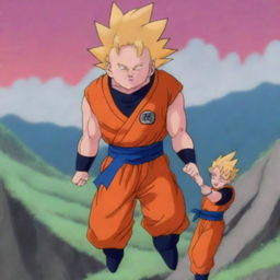 This is a digital artwork featuring Goku from Dragonball Z carrying Naruto from Naruto on his back, amidst a war-torn landscape