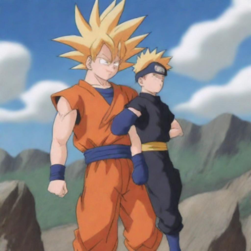 This is a digital artwork featuring Goku from Dragonball Z carrying Naruto from Naruto on his back, amidst a war-torn landscape