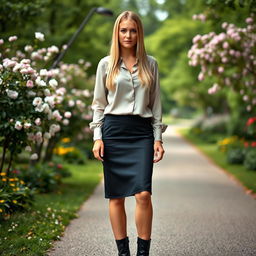 A graceful European woman aged between 30 and 45 years, dressed in a stylish and elegant outfit