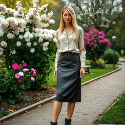 A graceful European woman aged between 30 and 45 years, dressed in a stylish and elegant outfit