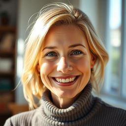 A 35-year-old Italian woman with small freckles, a well-groomed appearance, and a playful smile