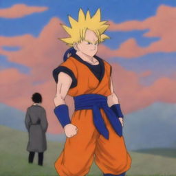 This is a digital artwork featuring Goku from Dragonball Z carrying Naruto from Naruto on his back, amidst a war-torn landscape