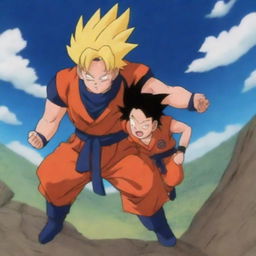 This is a digital artwork featuring Goku from Dragonball Z carrying Naruto from Naruto on his back, amidst a war-torn landscape