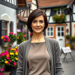 A striking German woman aged between 30 and 45 years, beautifully dressed