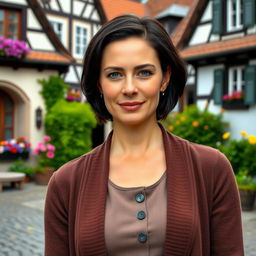 A striking German woman aged between 30 and 45 years, beautifully dressed