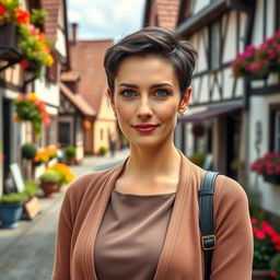 A striking German woman aged between 30 and 45 years, beautifully dressed