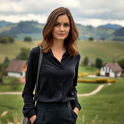 An elegant German woman aged between 30 and 40 years, stylishly dressed