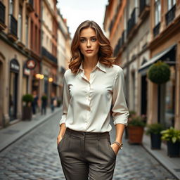 A sophisticated European woman aged between 30 and 40 years, elegantly dressed