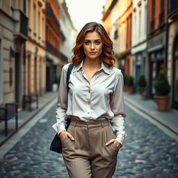 A sophisticated European woman aged between 30 and 40 years, elegantly dressed