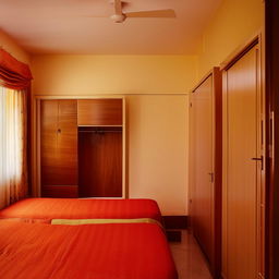 A small, cozy room, high aesthetic appeal, featuring a king-sized bed, double-door almirah, and a study table, ingeniously arranged in a limited space.