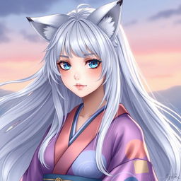 A young woman with flowing silver hair, adorned with six long silver tails that have black tips