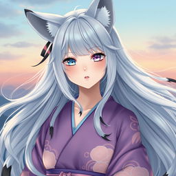 A young woman with flowing silver hair, adorned with six long silver tails that have black tips
