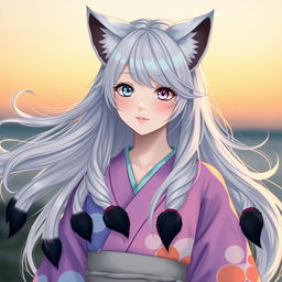 A young woman with flowing silver hair, adorned with six long silver tails that have black tips