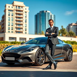 A striking scene featuring a luxury car parked in an upscale urban environment