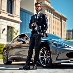 A striking scene featuring a luxury car parked in an upscale urban environment