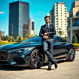 A striking scene featuring a luxury car parked in an upscale urban environment