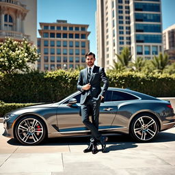 A striking scene featuring a luxury car parked in an upscale urban environment