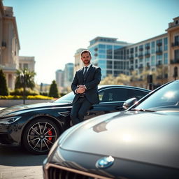 A striking scene featuring a luxury car parked in an upscale urban environment, perfectly composed in a 16:9 ratio