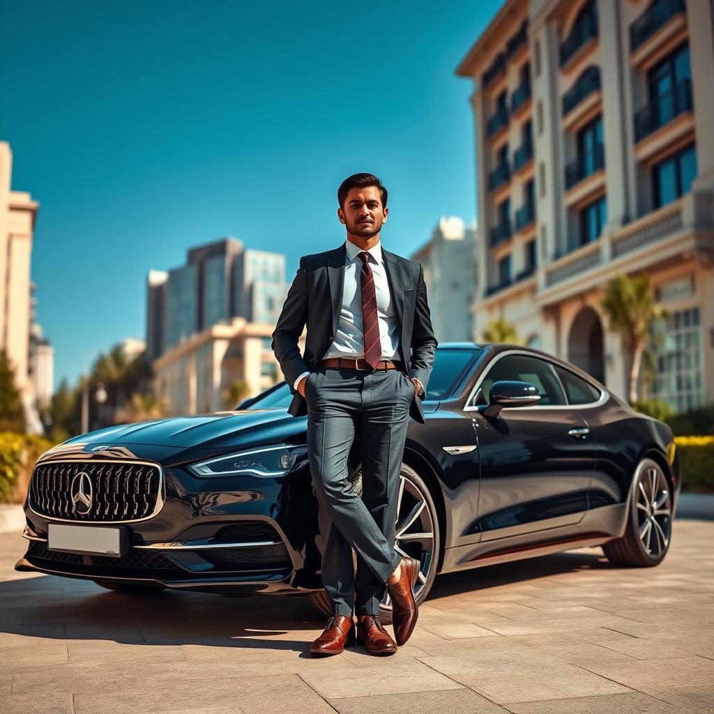 A striking scene featuring a luxury car parked in an upscale urban environment, perfectly composed in a 16:9 ratio