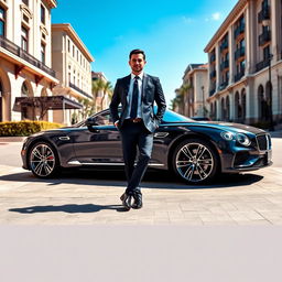 A striking scene featuring a luxury car parked in an upscale urban environment, perfectly composed in a 16:9 ratio