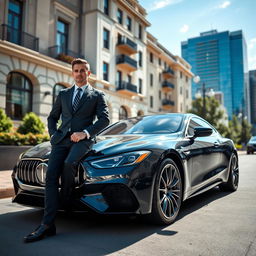 A striking scene featuring a luxury car parked in an upscale urban environment, perfectly composed in a 16:9 ratio