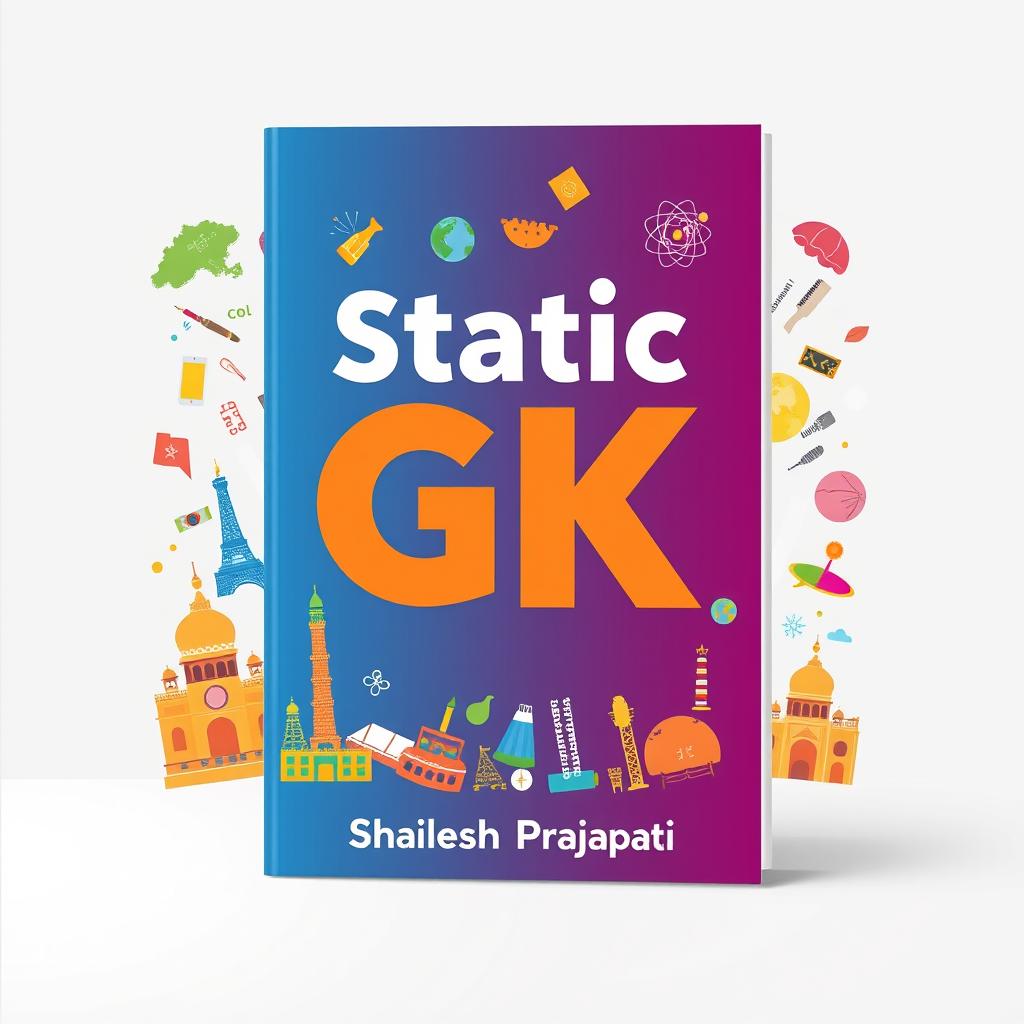 A high-quality book cover design for 'Static GK' by Shailesh Prajapati, featuring a vibrant and engaging mix of colors