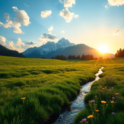 A serene landscape depicting a lush green meadow under a bright blue sky, dotted with fluffy white clouds