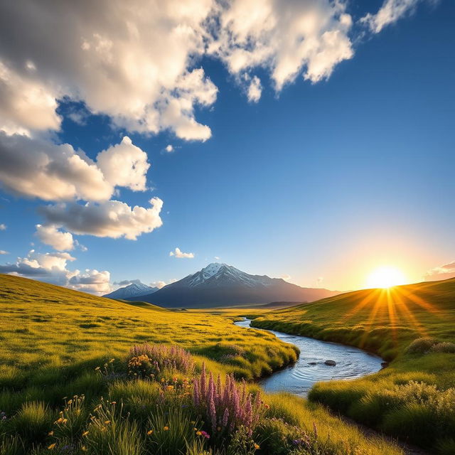 A serene landscape depicting a lush green meadow under a bright blue sky, dotted with fluffy white clouds