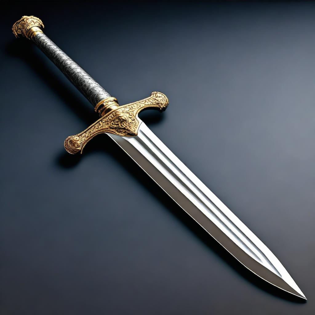 A high-quality, realistic digital art image featuring a detailed, majestic sword with an intricately designed hilt and a gleaming blade