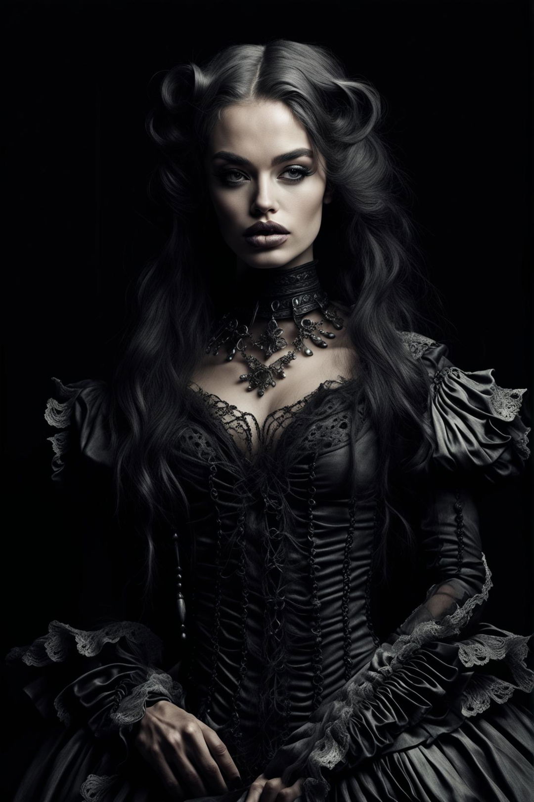 A high-quality, cinematic full-body image of a stunning woman in a gothic rococo style