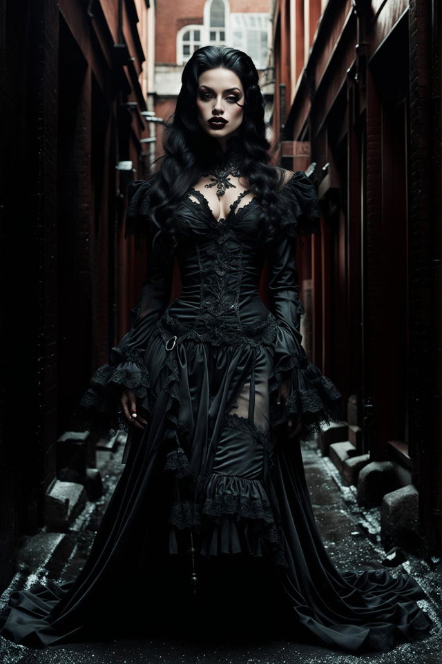 A high-quality, cinematic image of a woman in gothic rococo style, with striking red lips