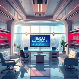 A visually stunning representation of a futuristic study room, showcasing a large holographic screen displaying the TIBCO BusinessWorks 6 exam dumps, with detailed graphics and icons related to business process management and software integration