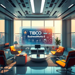 A visually stunning representation of a futuristic study room, showcasing a large holographic screen displaying the TIBCO BusinessWorks 6 exam dumps, with detailed graphics and icons related to business process management and software integration